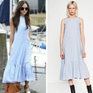 Zara Sky Blue Midi Poplin Denim Dress With Ruffles Size S  #0239